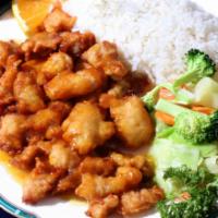 E17.  Orange Shrimp Plate · Lightly battered and deep-fried shrimp stir-fried in spices and our own special sauce. Serve...