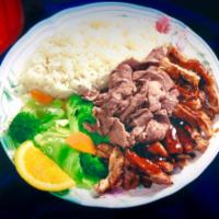 C3. Teriyaki Chicken and Beef · Boneless, skinless teriyaki grilled chicken and thinly sliced teriyaki beef. Served with whi...