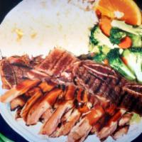 C5. Teriyaki Chicken and Ribs · Boneless, skinless teriyaki grilled chicken and sliced grilled beef ribs. Served with white ...