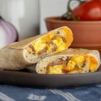 Sausage Breakfast Burrito · Eggs, pork sausage, hash browns, cheddar cheese, jalapeno peppers, flour tortilla.