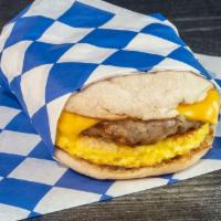 Egg and Cheese English Muffin · Eggs, melted American cheese, English muffin. Add sausage for an additional charge.