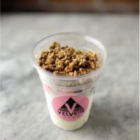 Granola Yogurt Fruit Cup · Gluten-free granola with strawberries, blueberries, and organic plain yogurt.
