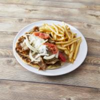Gyros Platter · Two pitas, double gyros meat and fries.