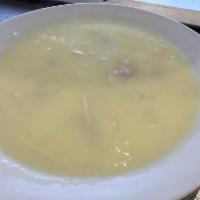 Augolemono Soup · Traditional Greek soup of rice flavored with lemon and egg.