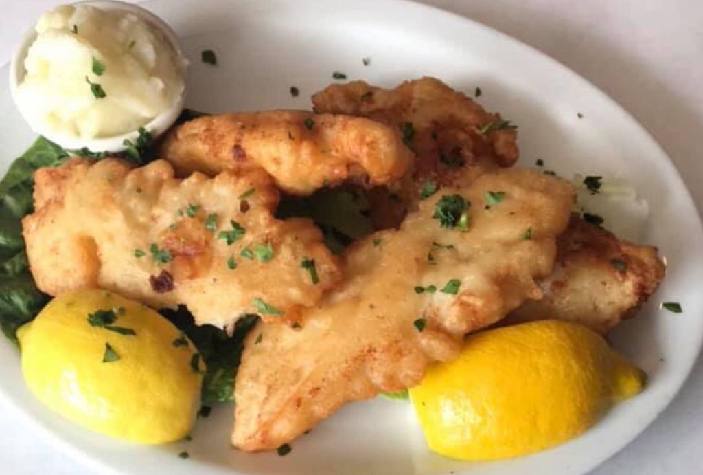 Bakaliaro Skordalia · Codfish dipped in batter and sauteed to golden brown and served with a touch of garlic dip.