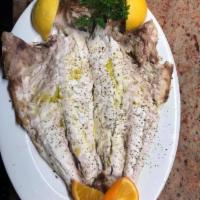 BlackSeabass · Chargrilled served with a choice of lemon potatoes/rice/peas or ff