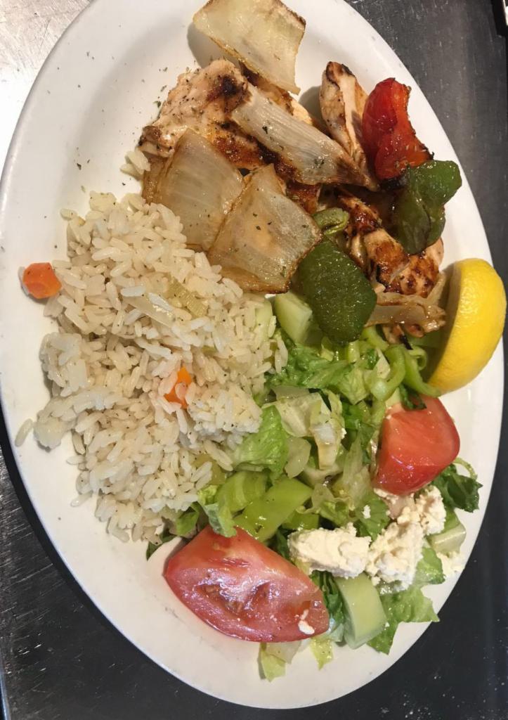 Chicken souvlaki · Served with salad and choice of lemon potatoes or rice 