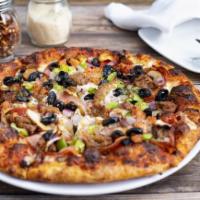 Growler Guys Super Supreme Pizza · Pepperoni, Sausage, Onion, Peppers, Mushrooms, Canadian Bacon, Black Olives, and Tomatoes Sm...