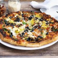 Vegetarian Greek Pizza · Artichokes, Spinach, Black Olives, and Tomatoes Loaded with Feta and Mozzarella Cheese on ou...