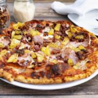 Aloha Pizza · Canadian Bacon, Pineapple, and Bacon Pieces on our House Pizza Sauce.