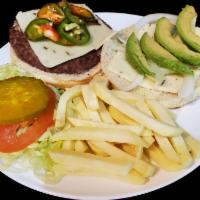 The Mexican Burger Deluxe · Served With Lettuce, Tomatoes,Fresh Jalapeños, Onions,Avocado Chipotle Mayo, Monterey Jack C...