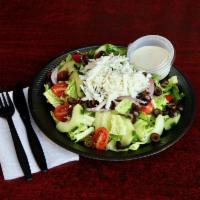 Greek Salad · Feta cheese, kalamata olives, tomatoes, cucumbers, and onions on a bed of romaine lettuce.