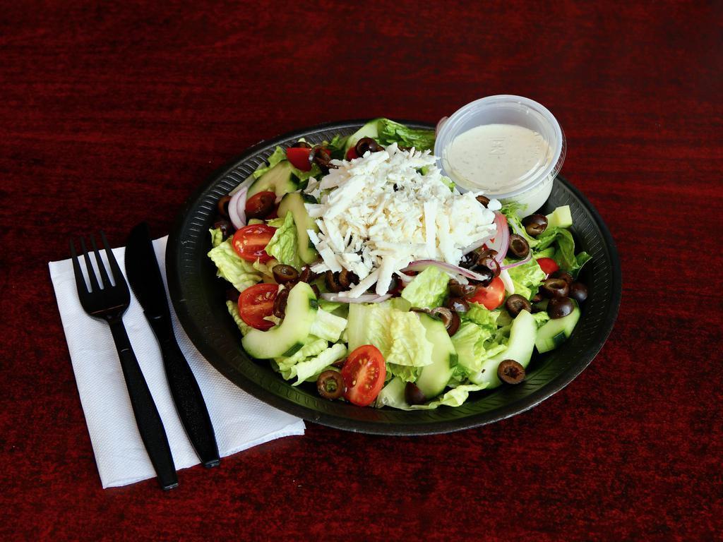 Greek Salad · Feta cheese, kalamata olives, tomatoes, cucumbers, and onions on a bed of romaine lettuce.