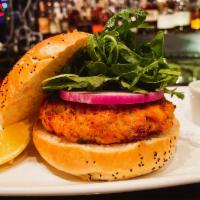 Salmon Burger · Butter seared salmon cake with shallot, Dijon mustard, capers, Japanese breadcrumbs, lemon z...