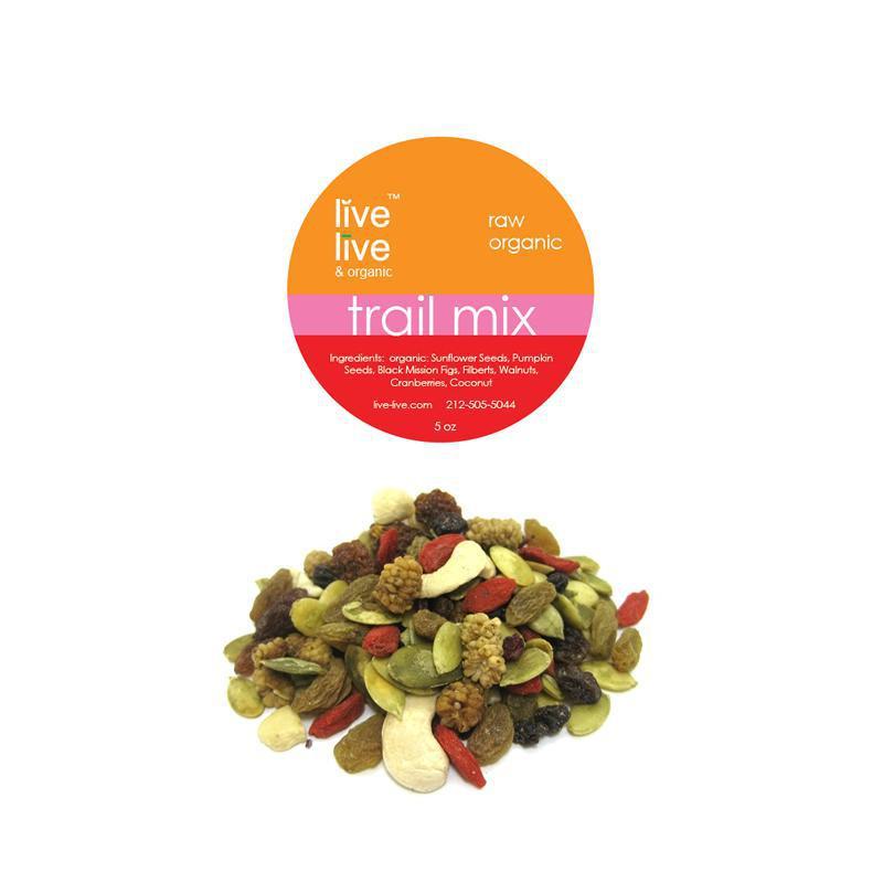 Trail Mix, Organic · A hearty and wholesome variety of raw ingredients, supplying a wide range of vitamins and minerals, make up this all-organic trail medley. Practically a meal in itself, this MIX is made of organic sunflower seeds, organic pumpkin seeds, organic black mission figs, organic filberts, organic walnuts, organic cranberries, and organic coconut.