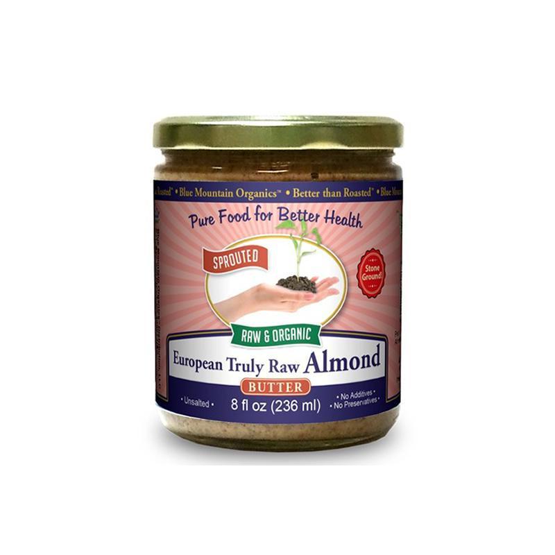 Almond Butter, European, Blue Mountain Organics · Made from whole, unpasteurized organic almonds from Europe, this organic almond butter is artisan made using our Better Than Roasted process.  European Truly raw almonds aren't pasteurized like almonds grown the States, so you can be sure that the European almonds we use in our organic almond butter are free of chemicals or heat-sterilization that would diminish their nutrients.  Our organic almond butter has the highest protein content of any nut butter, and is rich in minerals, including magnesium, potassium, phosphorous, and especially calcium. They are high in mono-unsaturated fat, which helps to lower LDL cholesterol, and they contain oleic acid, which is believed to protect against heart disease. Organic Almond Butter is great spread on crackers or fruit or mixed into smoothies and shakes for an added protein punch.
