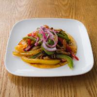 VEGANO  · Grilled oyster mushrooms with bell peppers, jalapenos red onion, vegan cheese, and guacamole...