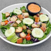 Tossed Salad · Grape tomatoes, cucumbers, red onions, green olives, croutons, spring mixed greens and romai...