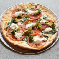 White Vegetable Pizza · Fresh tomatoes, broccoli, spinach, garlic, olive oil, ricotta and mozzarella.