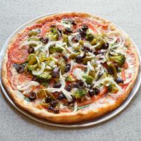 Red Vegetable Pizza · Spinach, broccoli, tomato, onions, black olives, green peppers and portobello mushrooms.