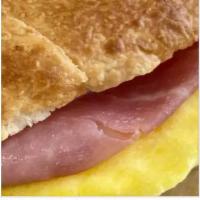Breakfast Sandwich · Egg, ham, and cheese on mini cheese bread.