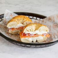 Nova Lox Sandwich · Bagel with cream cheese, sliced red onion and capers.