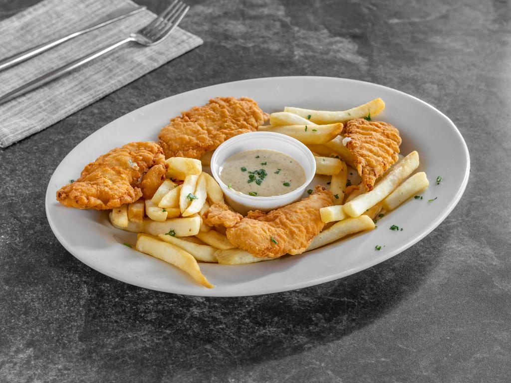 Chicken Fingers Deluxe · With pickle, coleslaw and french fries.