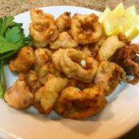 Fried Calamari · Served with salad, pita, sauce and choice of potatoes, rice and fries or peas.