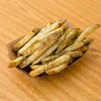 Za'atar Fries · French fries tossed in a savory blend of thyme, sumac, and sesame. Vegan.
