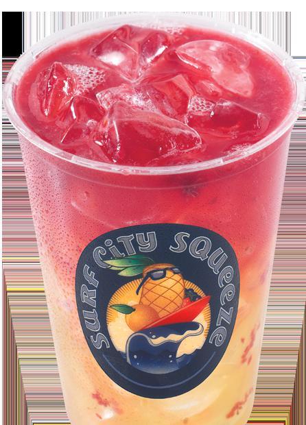 Raspberry Lemonade · Fresh squeezed lemonade blended with real fruit and served over ice.