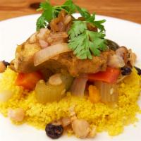 Chicken Couscous Platter · Slow-cooked chicken with raisins, onion and cinnamon. Served on Couscous & assorted vegetabl...