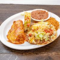 Combo Plate  · 1 crunchy taco topped with lettuce tomato and cheese 1 tostasa topped with lettuce tomato an...