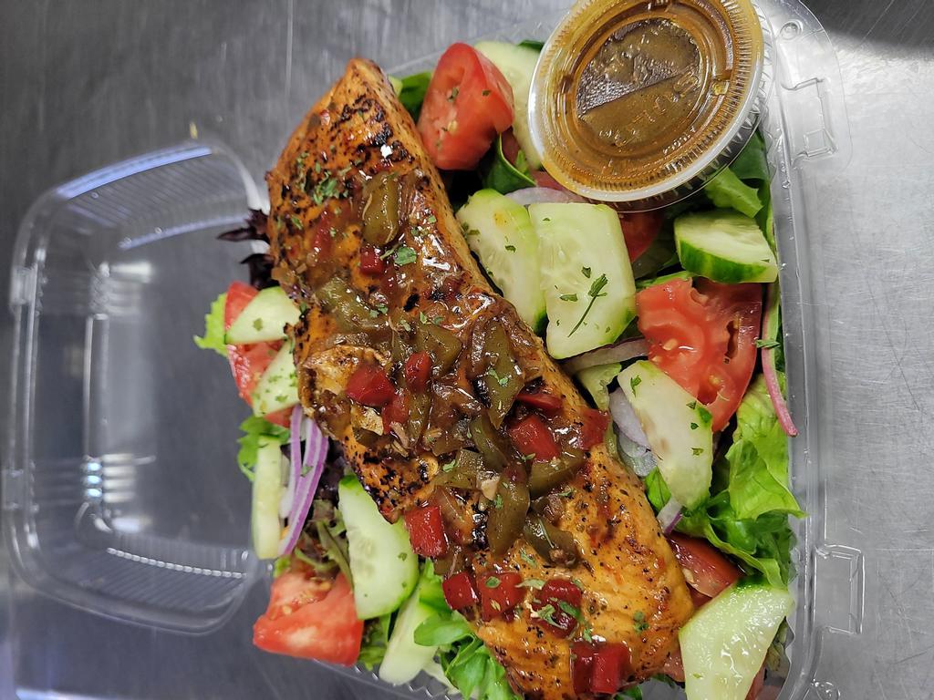 Sweet chili Salmon & sweet chili shrimp Salad  · Salad with protein that has been marinated cooked with love and  variety of sweet chili sauce