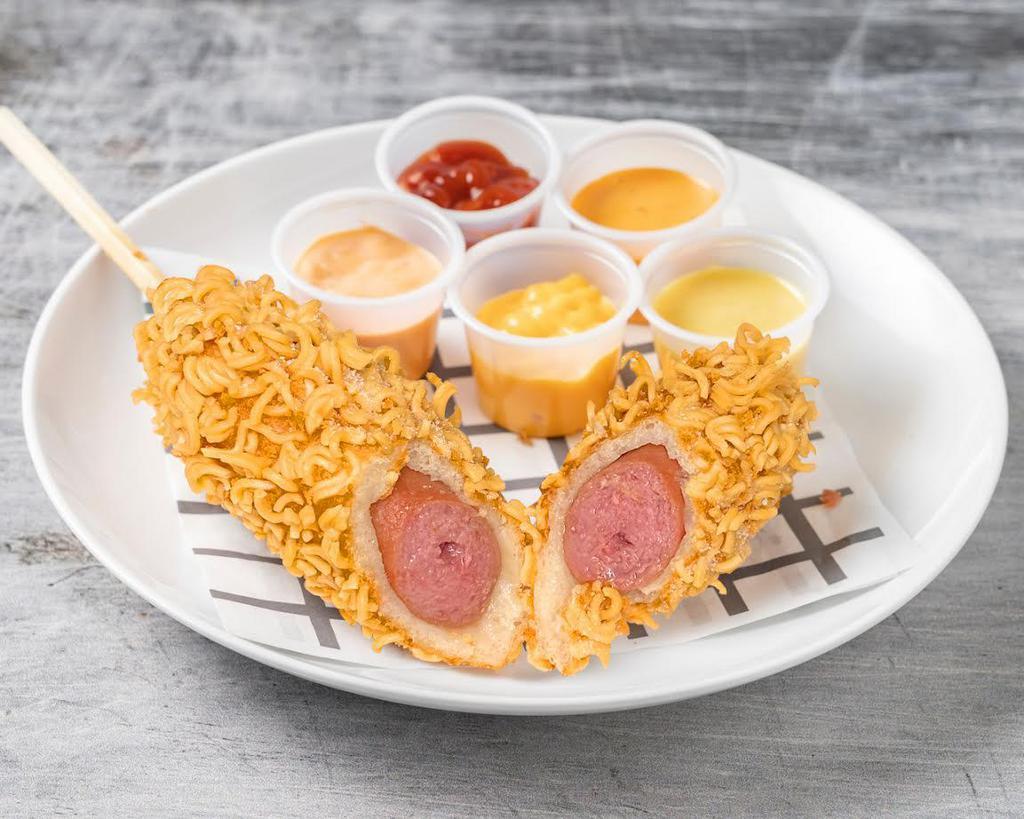 Ramyeon Noodle Chips Hot Dog · All beef. A unique crispy fried ramen hot dog. 