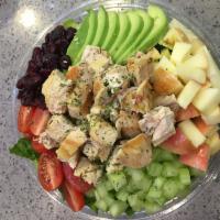 Chicken Waldorf Salad · Organic lettuce, cage free chicken, avocado, apple, cherry tomato, celery and dried cranberry.