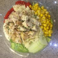 Chicken Pasta Salad · Lettuce, chicken, pasta, egg, avocado, cherry tomato, corn and cucumber.