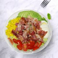 BLT Chopped Salad · Organic lettuce, bacon, avocado, egg, cherry tomato and corn.