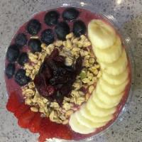 Acai Bowl · blending:organic acai berry,blueberry,strawberry,banana,almond milk.
topping:granola,dried c...