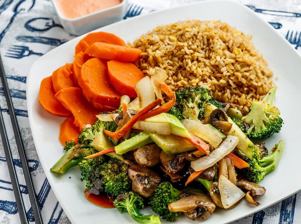 Vegetable Hibachi Dinner · Served with  fried rice, sweet carrots and house salad.