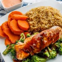Salmon Hibachi Dinner · Served with  fried rice, sweet carrots,broccoli and house salad.
