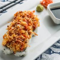 Dynamite Roll · Baked mixed shrimp, crab meat with light mayo on top of a  crunch roll. All cooked, no raw f...
