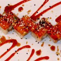 Maria Roll  · Tempura’d shrimp, mayo, tomato, hot chili oil, and scallions, topped with spicy tuna, fried ...