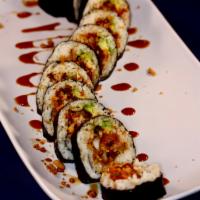Mermaid Roll  · Tempura’d soft shell crab, spicy tuna, avocado, mayo, bacon, topped with eel sauce, and onio...