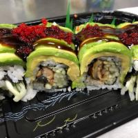 Dragon Roll · Eel, cucumber inside, topped with avocado and eel sauce.