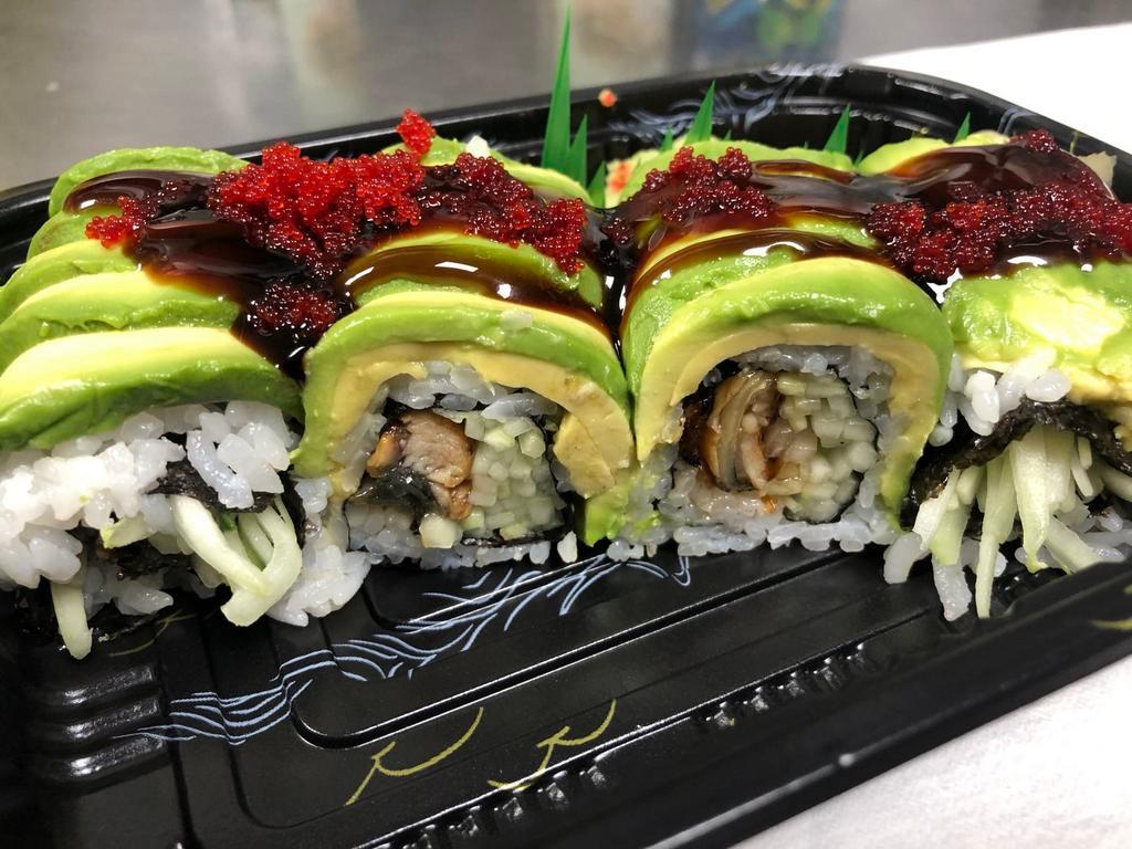 Dragon Roll · Eel, cucumber inside, topped with avocado and eel sauce.