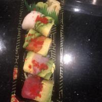 Rainbow Roll · Kani, cucumber inside, topped with 4 color fish and avocado.