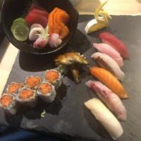 Sushi Sashimi for One · 12 piece sashimi and 6 piece sushi with spicy tuna roll.