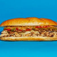 Roasted Peppers Chicken Cheesesteak · Sliced chicken with melted provolone, grilled onions, and roasted bell peppers on a hoagie r...