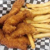 Chicken Strips with Fries · Freshly breaded and fried chicken strips with a side of french fries. Substitute french frie...