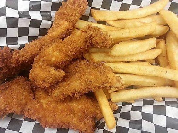 Chicken Strips with Fries · Freshly breaded and fried chicken strips with a side of french fries. Substitute french fries for an additional charge.